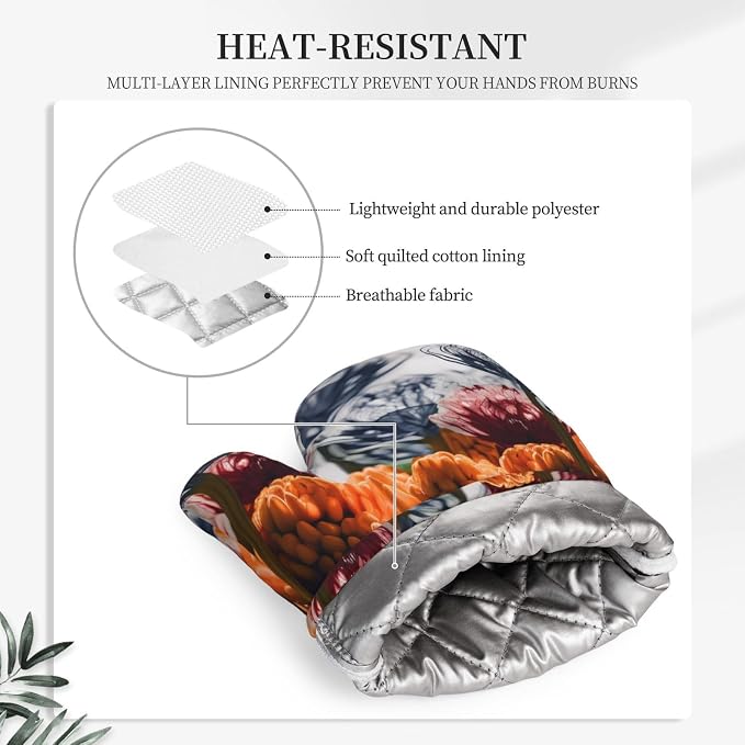 Flowers Print Oven Mitts Set of 2, Heat Resistant Silicone Oven Mittens Gloves - Image 5