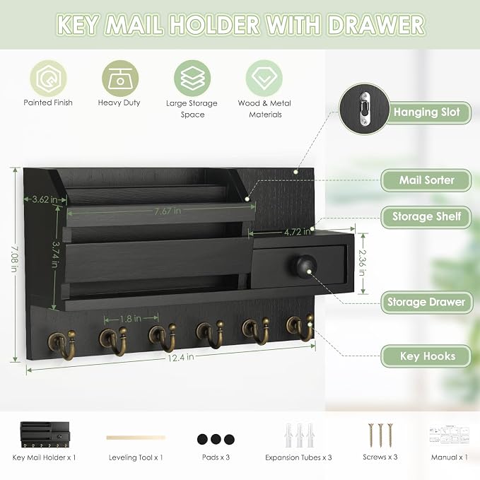 VIS'V Key Holder Wall Mount, Wooden Mail and Key Organizer, Small Shelf - Image 2
