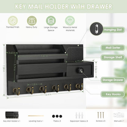 VIS'V Key Holder Wall Mount, Wooden Mail and Key Organizer, Small Shelf - Image 2