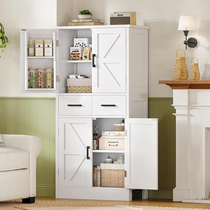 TEENFON Pantry Cabinet with 2 Drawers, Kitchen Storage Cabinet with 4 Door - Image 2