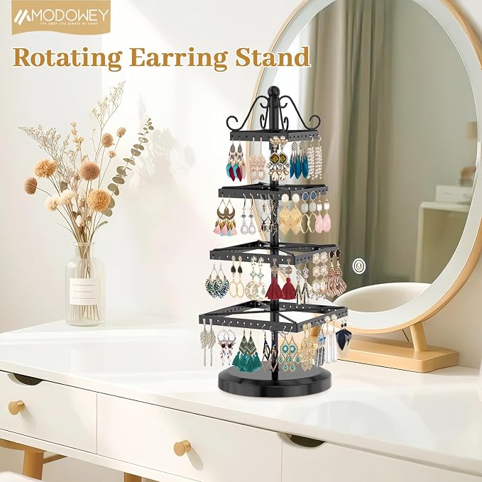 MODOWEY Rotating Earring Holder Organizer Stand, 4 Tier Adjustable Metal - Image 2