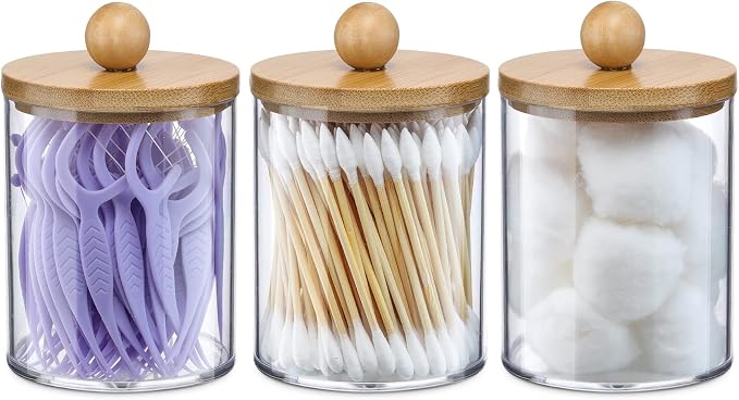 3 Pack Qtip Holder Dispenser - 10 oz Clear Plastic Apothecary Jar Containers by VITEVER