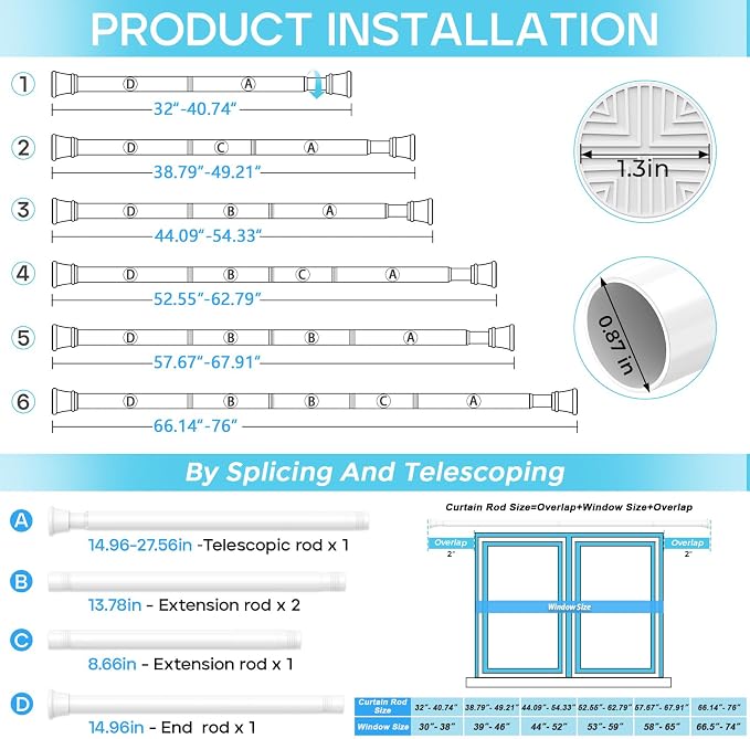 2 Pack Spring Tension Curtain Rod 32-76 inch, Adjustable Expandable Tension - Image 3