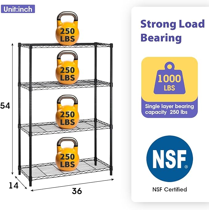 PayLessHere | 4-Tier Wire Shelf | 36"x14"x54" | Black | Adjustable Racks | - Image 3