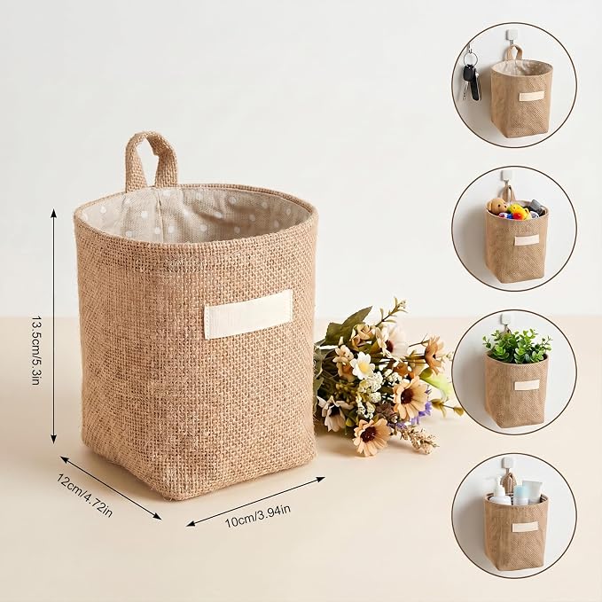 2 Pack Wall Hanging Storage Bags, Cotton Linen Hanging Organizer Foldable - Image 2