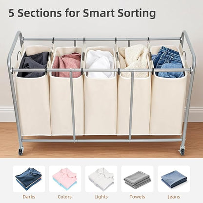 STORAGE MANIAC 5 Section Laundry Sorter, 5 Bins Rolling Separator Laundry Basket - Image 5
