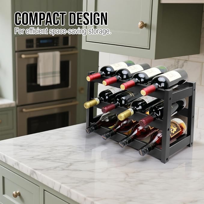 Bamboo Wine Rack, 3-Tier 12 Bottles Wine Storage Cabinet Shelf, Easy-Assembly - Image 7