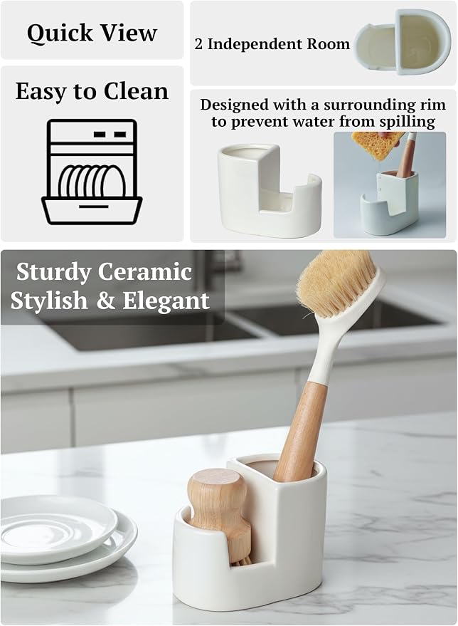 2-in-1 Ceramic Sponge Holder, Dish Sponge and Brush Holder - Image 4