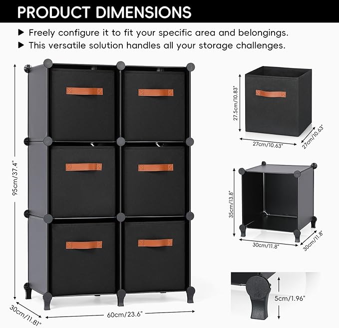 Cube Storage Organizer with Storage Bins, 6-Cube Shelves Units with 6 Organizer - Image 3