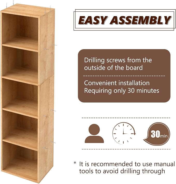 5-Tier Wooden Cube Storage Organizer, 52 Inch Tall Bookcase & Display Shelf - Image 4