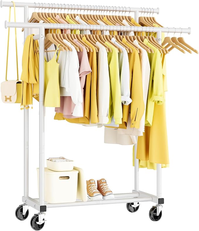 HYSEYY Double Rods Clothes Rack, Rolling Clothing Rack by HYSEYY