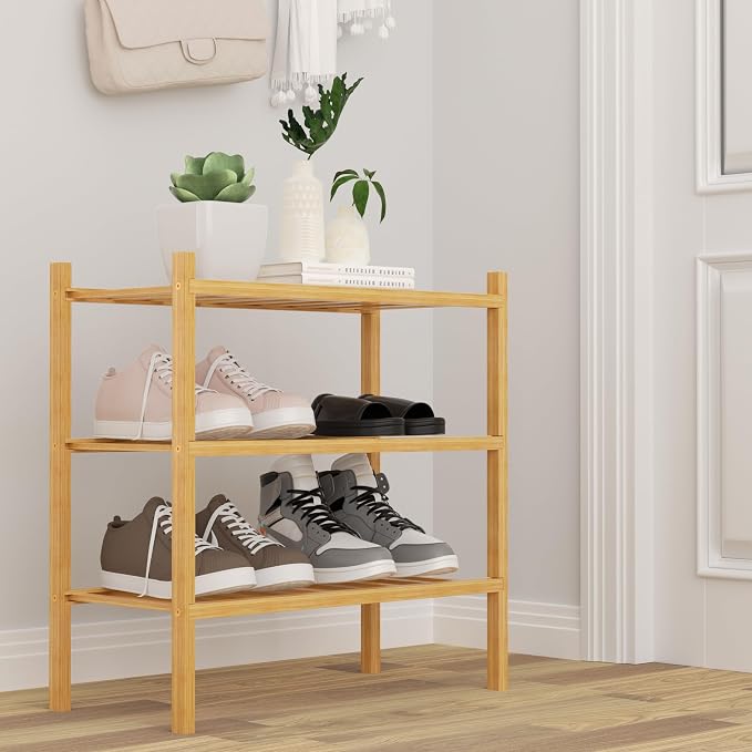 3-Tier Bamboo Small Shoe Rack, Free Standing Wood Shoe Shelf Storage Organizer - Image 2