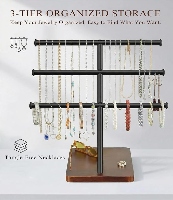 3 Tier Jewelry Holder Organizer, Bracelet Holder Display, Detachable T Bar Wood - Image 5