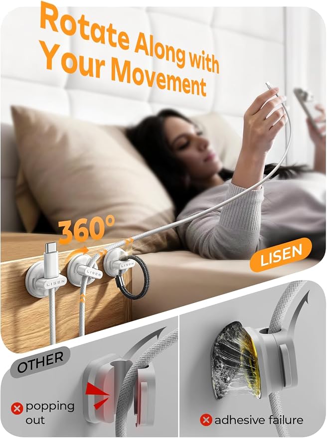 12-Pack Rotatable Cord Holder for Nightstand, LISEN 360°Rotating Magnetic Clips - Image 2