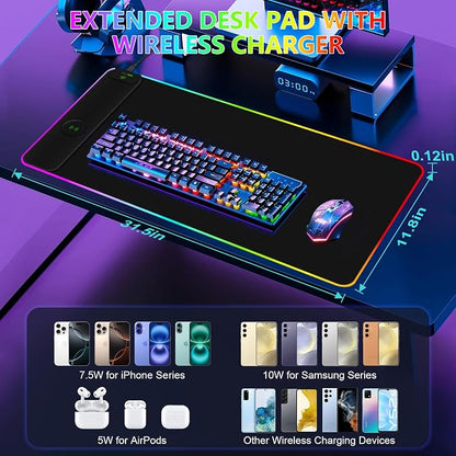 Magnetic Wireless Charging RGB Mouse Pad, 31.5'' x 11.8'' Large LED Gaming Desk - Image 3