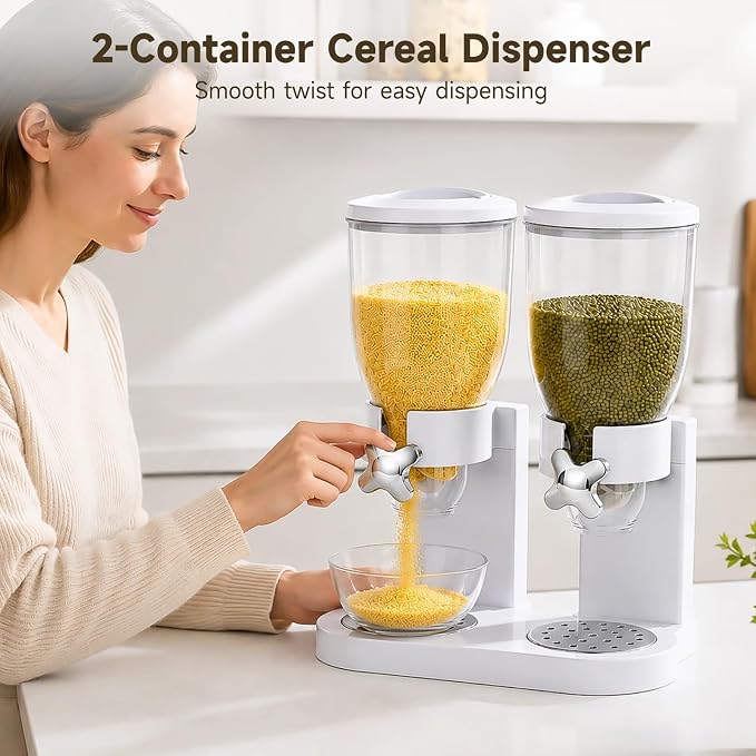 2-Container Cereal Dispenser, 4L Dry Food Storage, Rotating Dry Food Containers - Image 2
