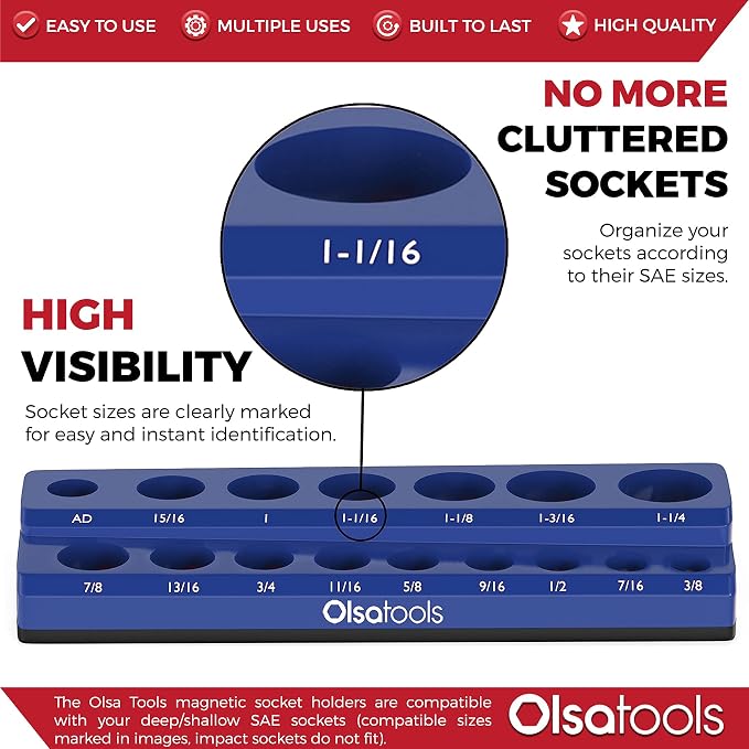 Olsa Tools Magnetic Socket Organizer | 1/2-inch Drive | SAE | Blue | Holds 16 - Image 2