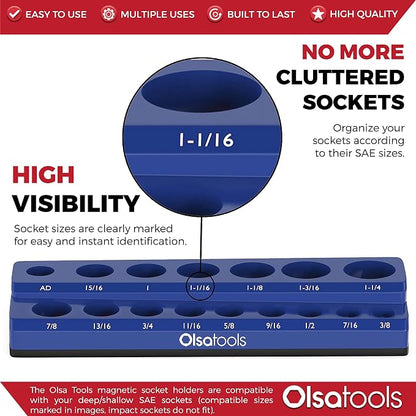 Olsa Tools Magnetic Socket Organizer | 1/2-inch Drive | SAE | Blue | Holds 16 - Image 2