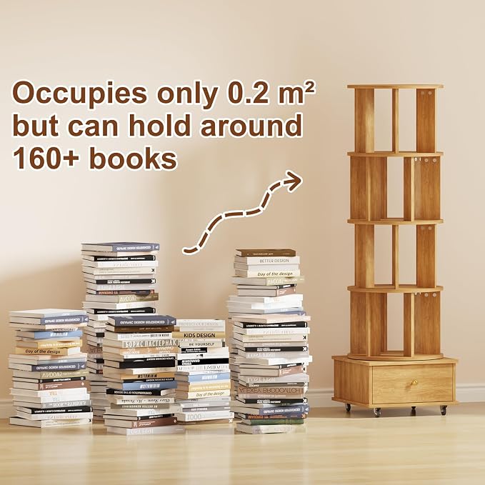 4-Tier Rotating Bookshelf with Drawers on Wheels, 360° Spinning Corner Bookcase - Image 5