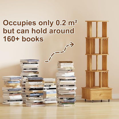 4-Tier Rotating Bookshelf with Drawers on Wheels, 360° Spinning Corner Bookcase - Image 5