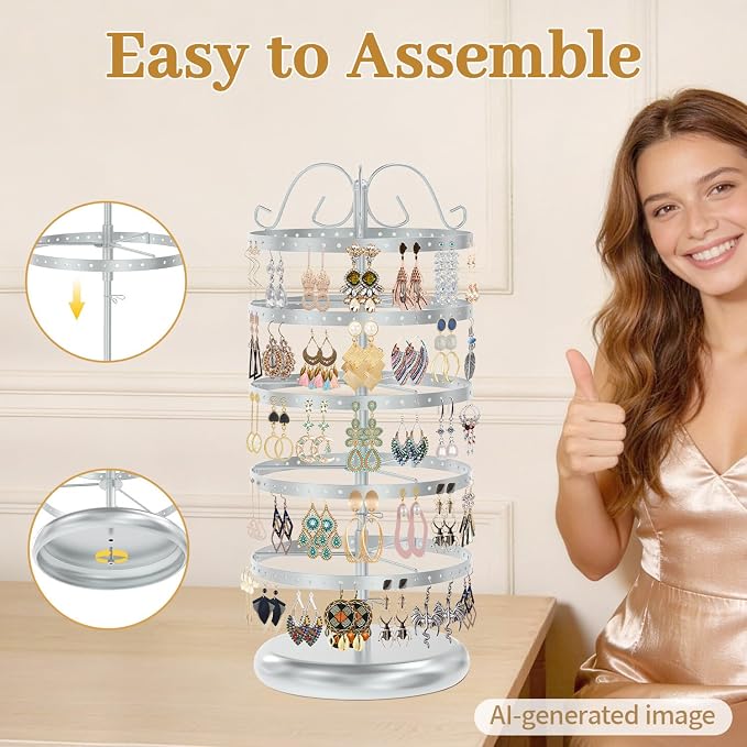 MODOWEY Rotating Earring Holder Organizer Stand, 5 Tier Metal Tree, - Image 7