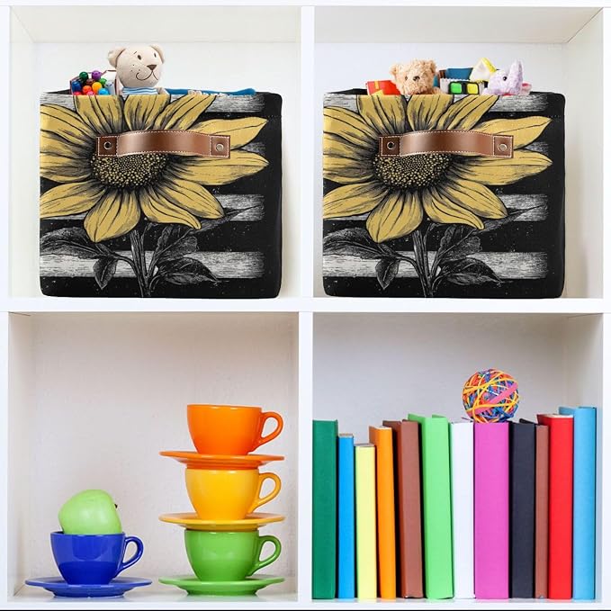 White Black American Flag Sunflower Storage Bins Box Foldable Shelf Basket - Image 6