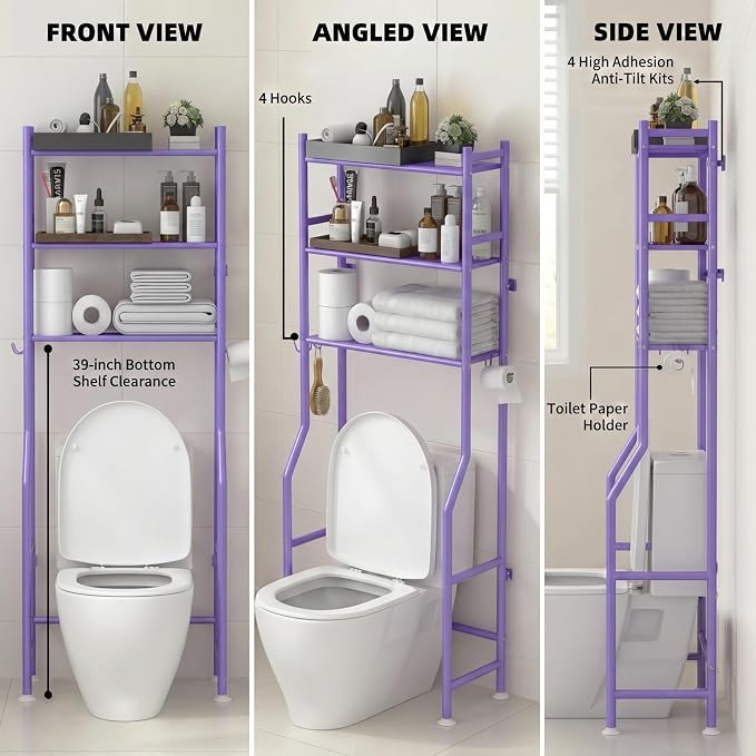 GloTika 3-Tier Over Toilet Storage, 150lb Capacity, Carbon Steel, Freestanding - Image 2