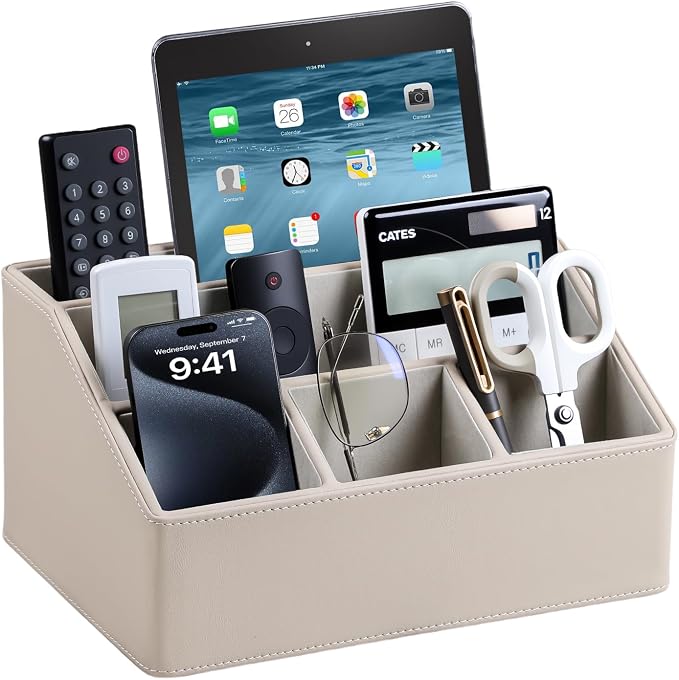 PU Leather Desk Organizer, Luxury Remote Control Holder by MEIBOOCH