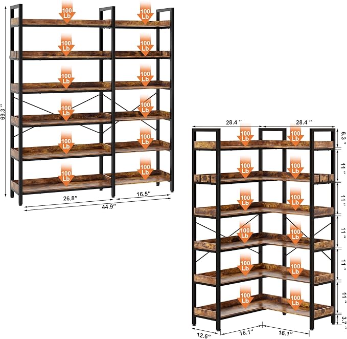 KOUSEI 6-Tier L-Shaped Reversible Corner Bookshelf, Wide Open Shelves + 4 Hooks - Image 3