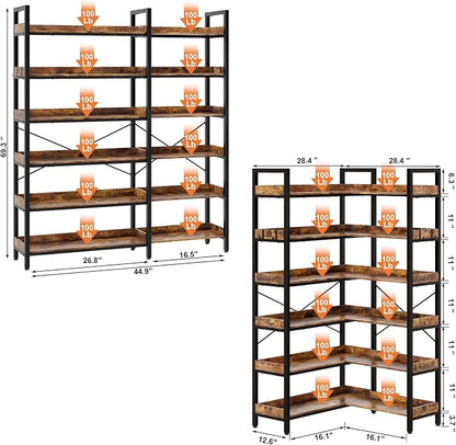 KOUSEI 6-Tier L-Shaped Reversible Corner Bookshelf, Wide Open Shelves + 4 Hooks - Image 3
