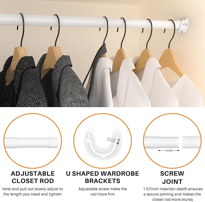 SUTINE Closet Rod, Closet Rods for Hanging Clothes, 17 to 37 inch Adjustable - Image 3