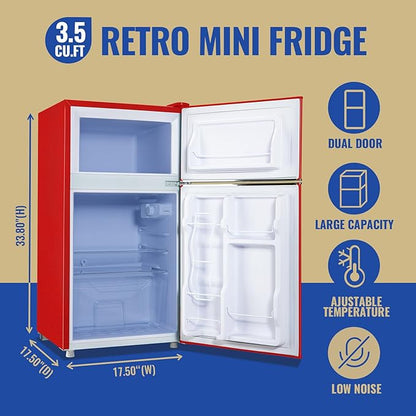 3.5 Cu.ft Refrigerator with Freezer Double Door Red Fridge Adjustable Glass - Image 2