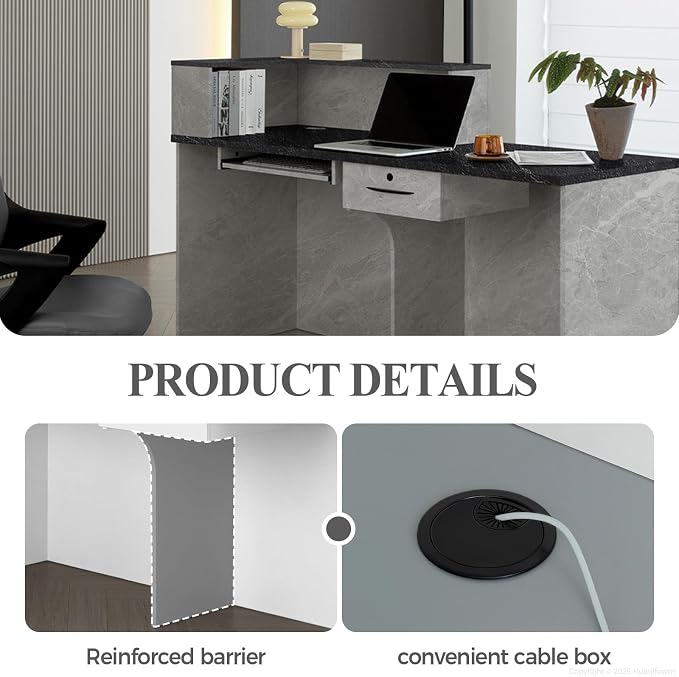 L Shape Reception Desk with Counter, Lockable Drawer, Keyboard Tray, and - Image 4