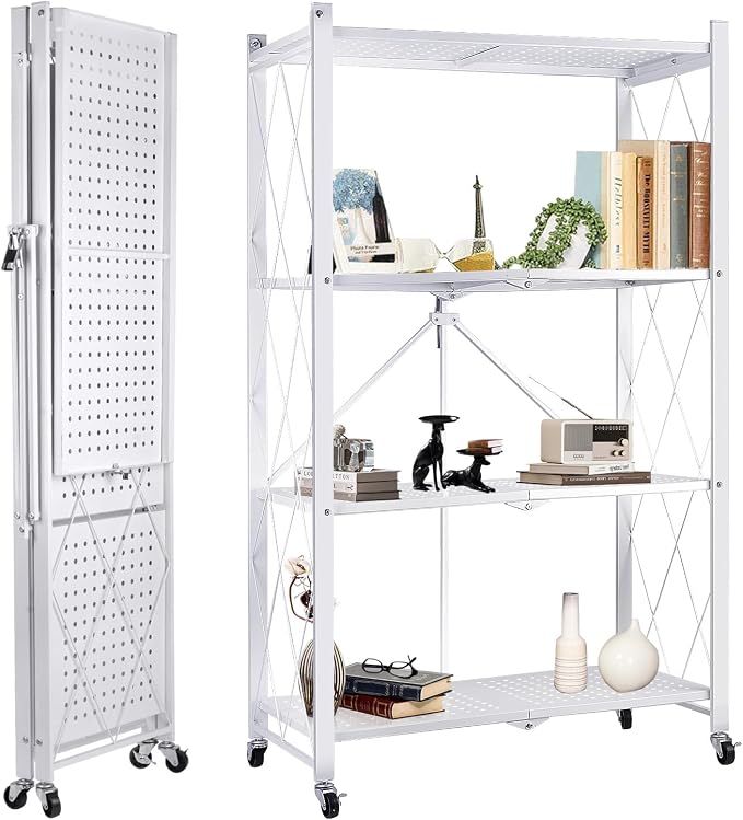 4 Tier Folding Storage Shelf on Wheels, Collapsible Shelving Unit Rolling by Unknown