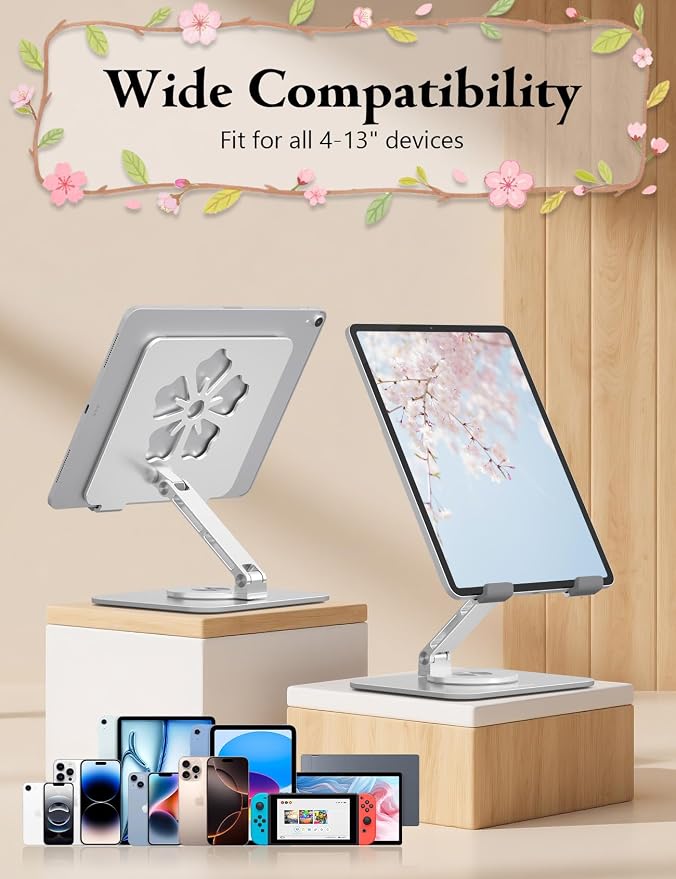 Tablet Stand for iPad, 360° Rotating Aluminum Foldable Holder – Adjustable Desk - Image 6
