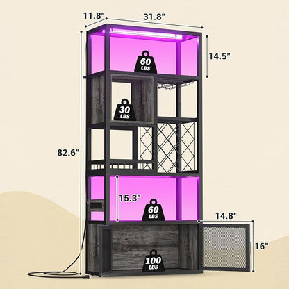 82.6" Tall Bar Cabinet with Power Outlets, 6-Tiers Reversible Wine Cabinet with - Image 3