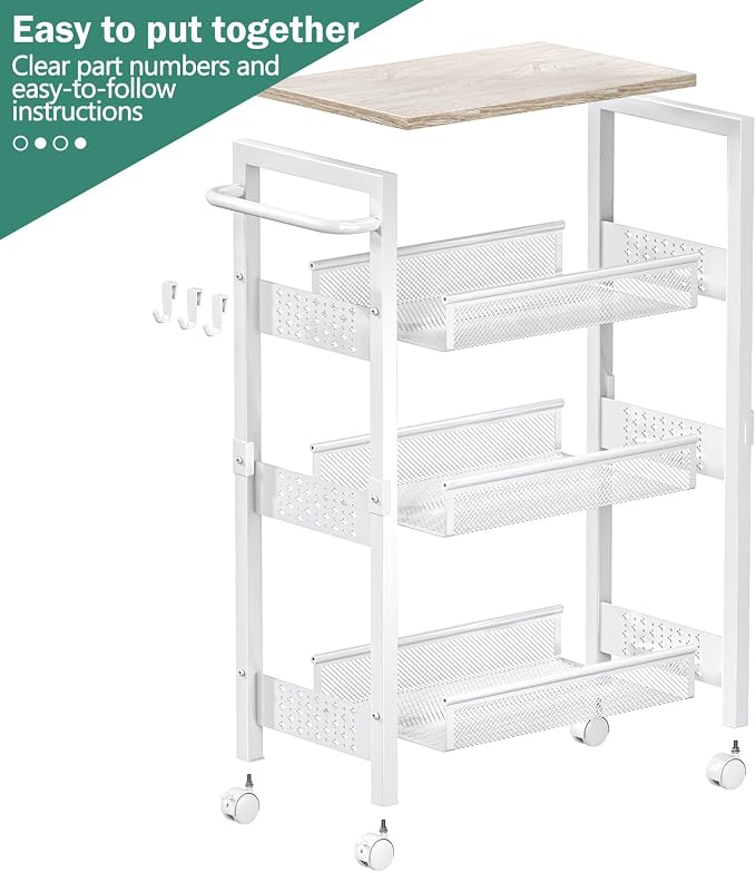 Utility Slim Storage Cart with Wheels, 4 Tier Small Rolling Cart with Wood Top - Image 8