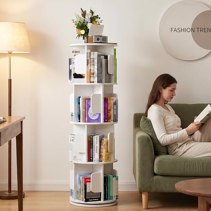 4-Tier 360° Rotating Bookshelf, Round Floor Standing Bookcase - Image 8