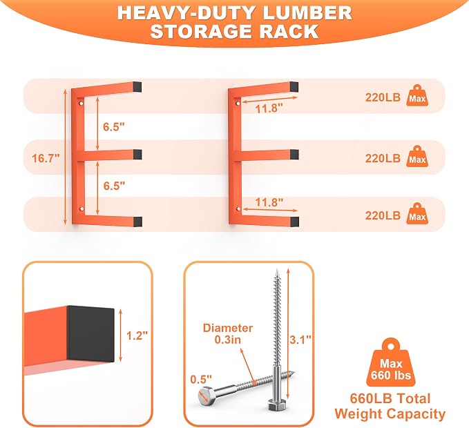 Ultrawall Lumber Storage Rack Wall Mount Wood Storage Racks, Metal Wood - Image 2