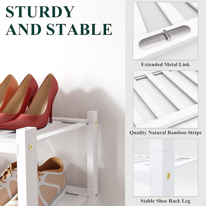 Smiry Bamboo Shoe Rack for Closet, 2 Tier Long Wooden Stackable Shoe Organizer - Image 3