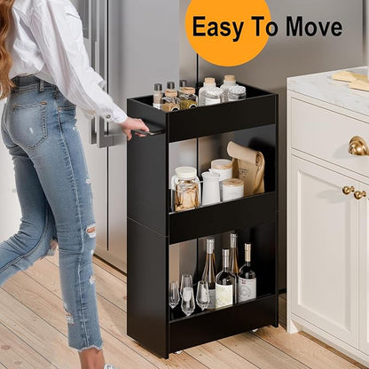 MARTY Wood Rolling Storage Cart 7.9" W, 3 Tier Slim Utility Kitchen Cart on - Image 2