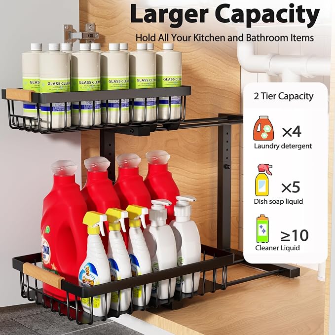 Liuoud Under Sink Organizer 2 Pack, 2 Tier Slide Out Large Capacity Height - Image 2