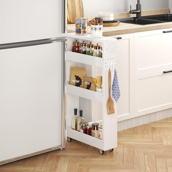 Slim Storage Cart, 5 in Width, 4-Tier White Rolling Cart - Image 2