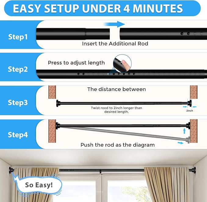 Tension Curtain Rod Black Tension Rod 40 to 183 Inch Spring Curtain Rods Non - Image 6
