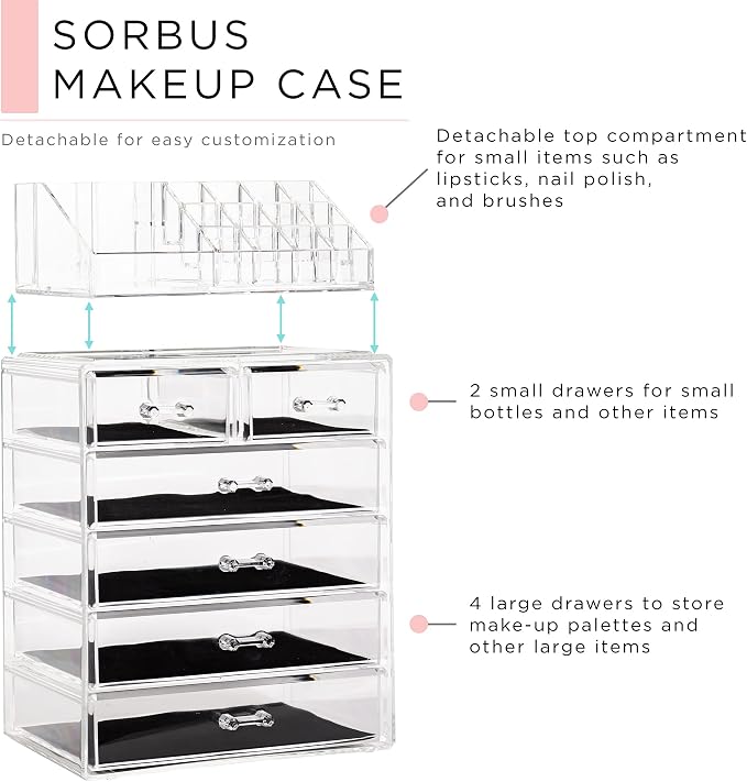 Sorbus Acrylic Makeup Organizer Set, 6-Drawer Vanity & Countertop Cosmetic - Image 2