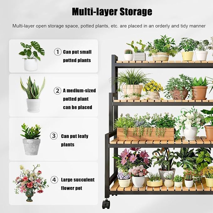 Rolling Plant Stand Bamboo 4 Tier Plant Stand Rack Shelf - Image 7