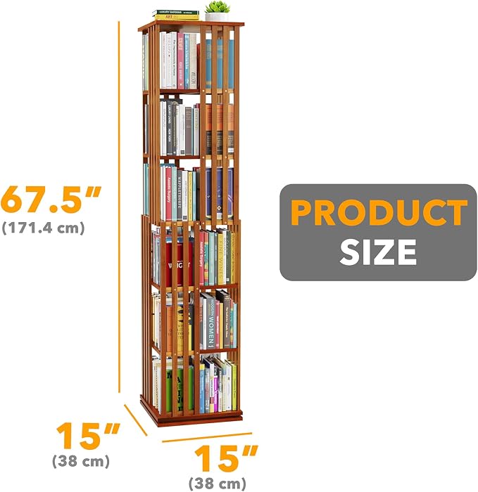 SpaceAid 6 Tier Rotating Bookshelf Tower, Bamboo Spinning Book Shelf, Revolving - Image 2