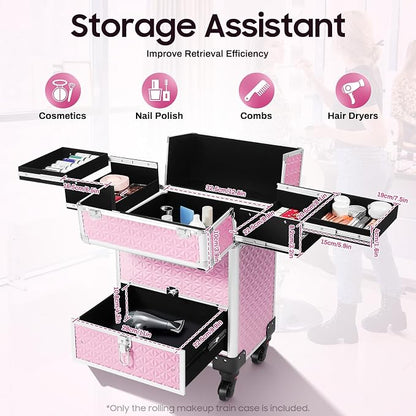 Rolling Makeup Train Case with Drawers, Portable Rolling Makeup Cart with Wheels - Image 2