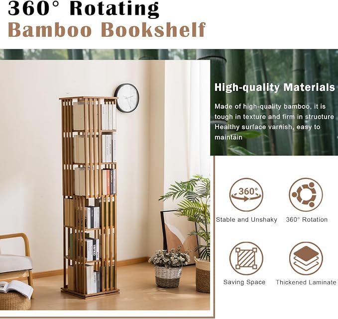 Bamboo 360° Rotating Bookshelf, 6-Tier Corner Bookcase Tower - Image 6