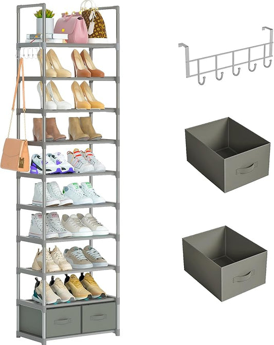 Shoe Rack Sturdy Metal 10 Tier Shoes Rack Organizer + 2Boxes 1Hook | Narrow by OYREL